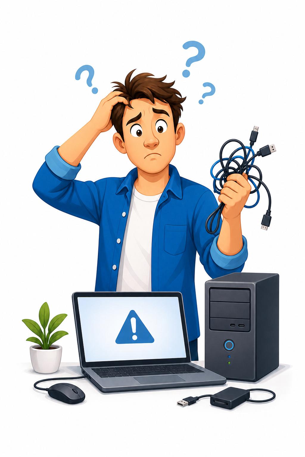 Cliente confuso davanti a problemi con computer e smartphone