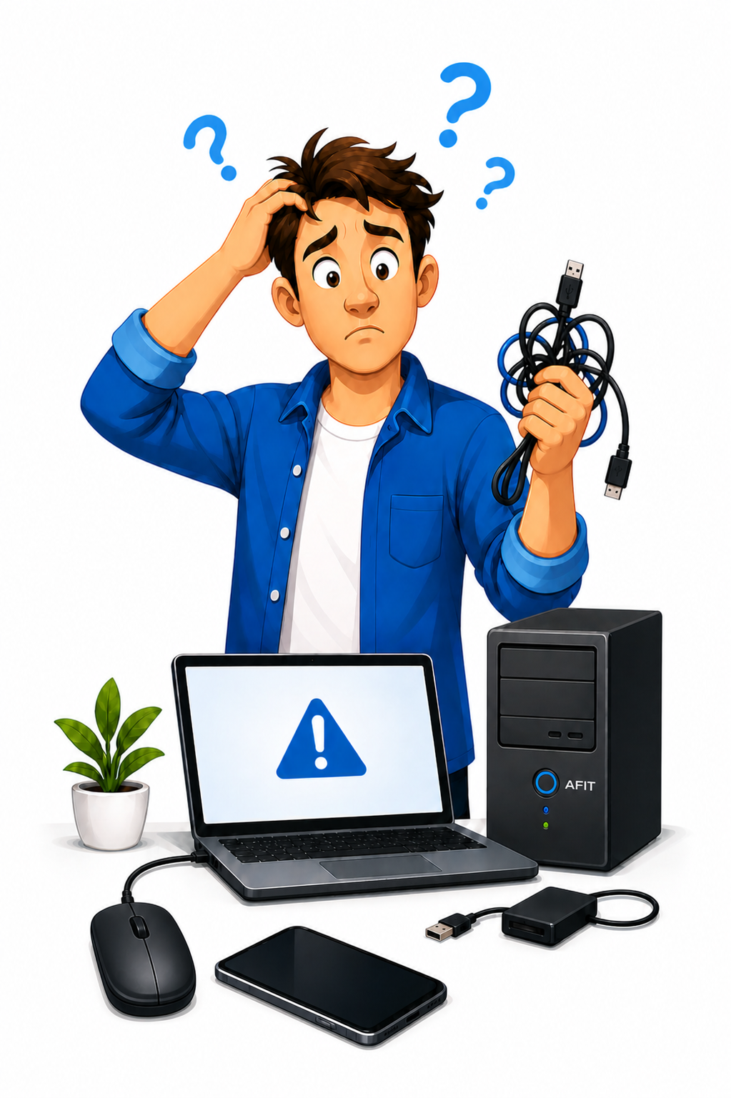 Cliente confuso davanti a problemi con computer e smartphone